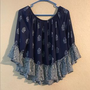 (2/$15) Sz M Lucky Brand Off the Shoulder Shirt Blue White